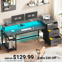 Sikaic Gaming Desk 59 Inches Reversible Gaming Desk with LED Lights & Power Outlet File Drawers and Storage Grey Grey / Engineered Wood / Modern