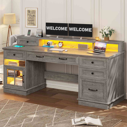 Sikaic Gaming Desk Executive Gaming Desk with LED Lights Grey Grey / Engineered Wood / Modern