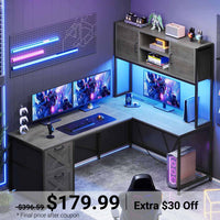 Sikaic Gaming Desk LED lights L Shaped Gaming Desk with Fabric File Drawers and Power Outlet Hutch & Storage Shelves Grey Grey / Engineered Wood / Modern