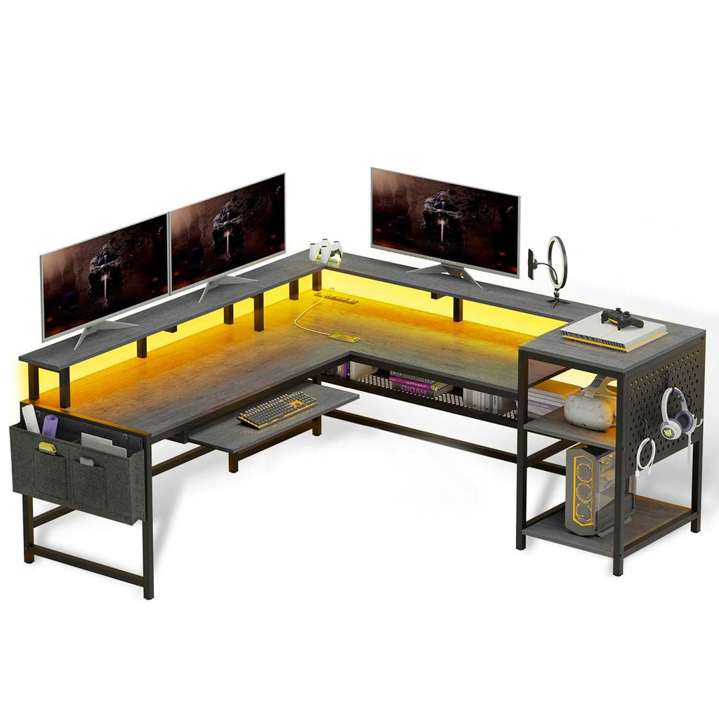 96 Inch Desk – L Shaped Grey Gaming Desk with LED | Sikaic