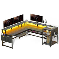 Sikaic Gaming Desk 96 Inches L Shaped Reversible LED Gaming Desk Grey Grey / Industrial