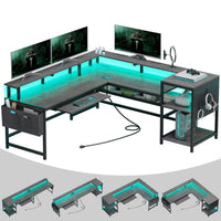Sikaic Gaming Desk 96 Inches L Shaped Reversible LED Gaming Desk with Power Outlets LED Strip Monitor Shelf Keyboard Tray Pegboard and Storage Shelves Grey