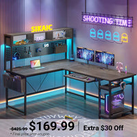 Sikaic Gaming Desk L Shaped Reversible Gaming Desk With Power Outlets Keyboard Tray Grey Grey / Industrial