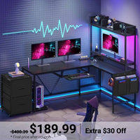 Sikaic Gaming Desk Led L Shaped Reversible Corner Gaming Desk with Power Outlet & Drawer File Cabinet Keyboard Tray Black