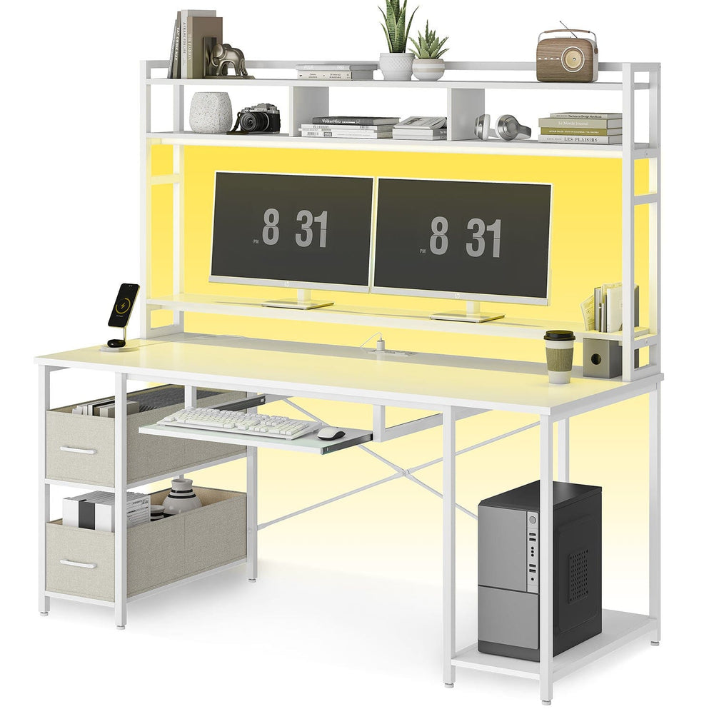 Sikaic Gaming Desk 55 Inches LED Gaming Desk with Storage Shelves White White