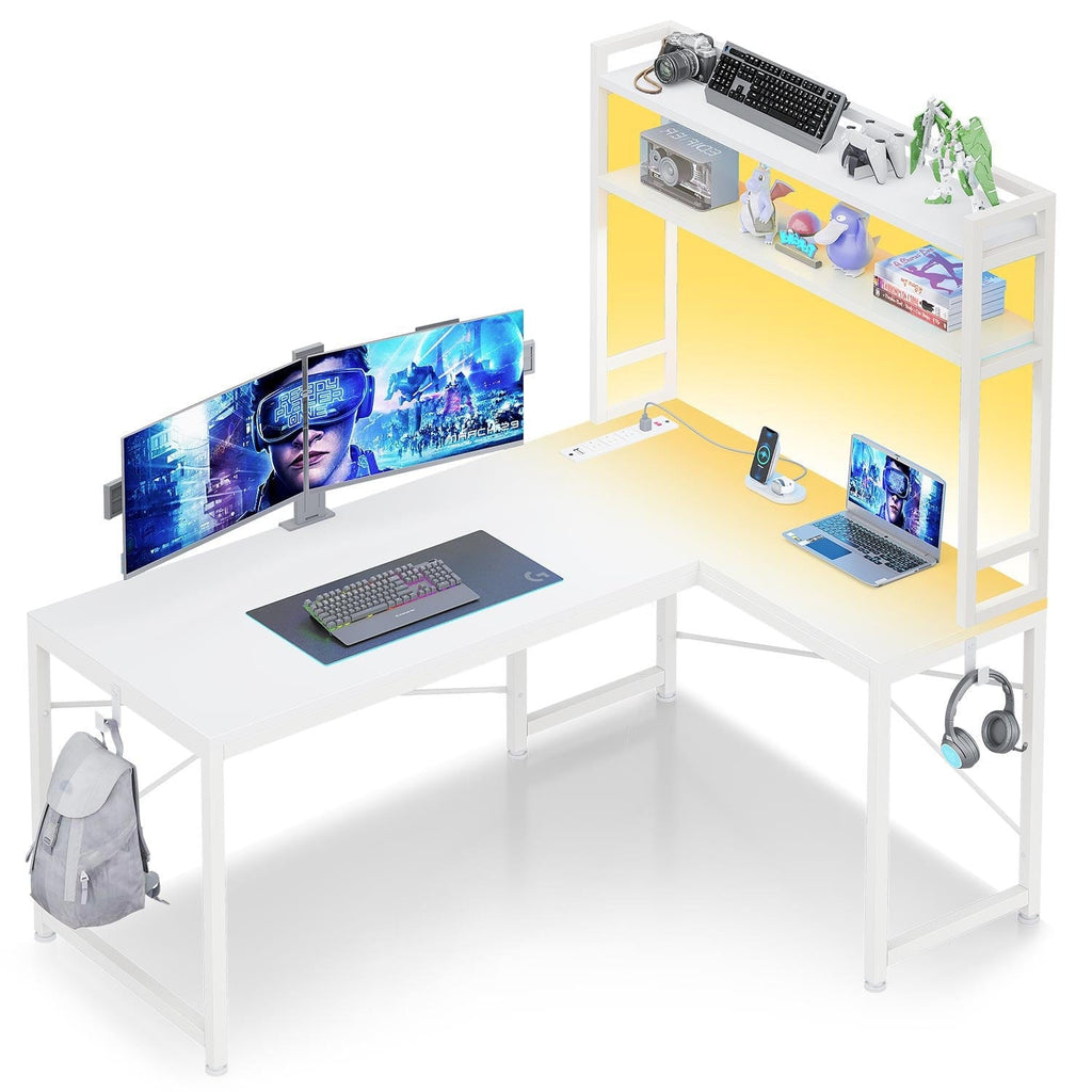 45.3" LED White Corner Computer Desk with Hutch