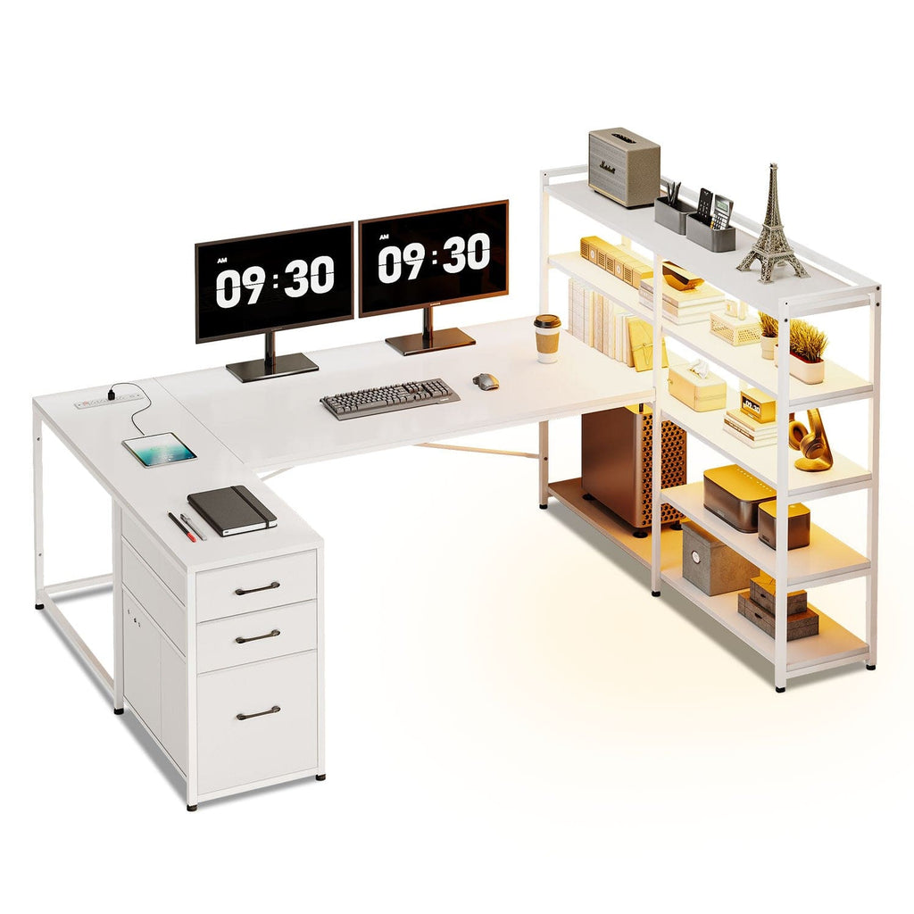 64.5" White Reversible U Shaped Desk with LED