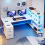 Sikaic Gaming Desk 64.5 inches Reversible L Shaped Desk with Storage Shelves  U Shaped Gaming Desk with 3 Drawers Power Outlet & LED Strip White White / Engineered Wood / ‎Industrial