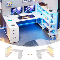 Sikaic Gaming Desk 64.5 inches Reversible L Shaped Desk with Storage Shelves  U Shaped Gaming Desk with 3 Drawers Power Outlet & LED Strip White White / Engineered Wood / ‎Industrial