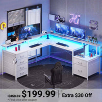 Sikaic Gaming Desk 108 Inches L Shaped  Led Lights Two Person Gaming Desk with 6 Drawers File Drawer & Power Outlet Monitor Shelf File Cabinet White White / Engineered Wood / Modern