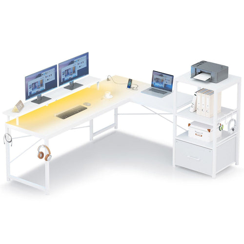 Sikaic Gaming Desk 51 Inches Reversible LED Gaming Desk White White / Engineered Wood / Modern