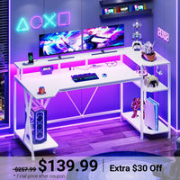 Sikaic Gaming Desk 55 Inches Large PC Gaming Desk with LED Lights and Storage Shelves  Monitor Stand Power Outlets Cup Holder White White / Engineered Wood / Modern