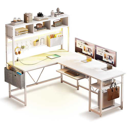 Sikaic Gaming Desk 57.5 Inches Reversible L Shaped Gaming Desk with LED Lights and Power Outlet White White / Engineered Wood / Modern