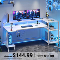 Sikaic Gaming Desk 70.8 Inches Large PC Gamer Gaming Desk with LED Lights Storage Shelves Monitor Stand Power Outlets and Cup Holder White White / Engineered Wood / Modern