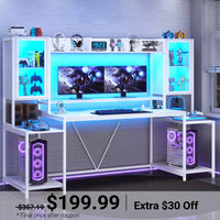 Sikaic Gaming Desk 74.8 Inches Large PC Ergonomic Gaming Desk with LED Lights Hutch and Storage Shelves Monitor Stand White White / Engineered Wood / Modern