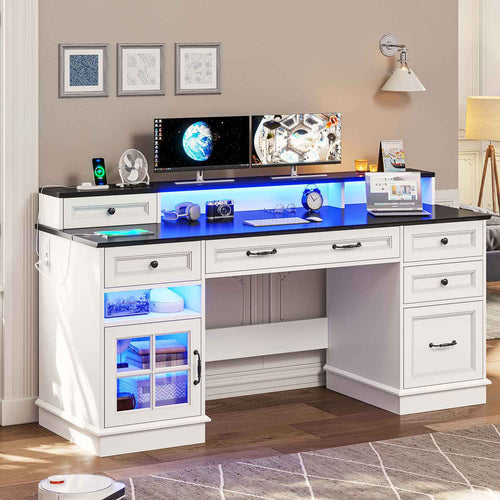 Sikaic Gaming Desk Executive Gaming Desk with LED Lights White White / Engineered Wood / Modern