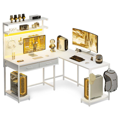 Sikaic Gaming Desk L Shaped Reversible LED Gaming Desk White White / Engineered Wood / Modern