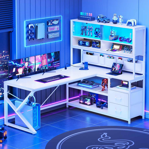 Sikaic Gaming Desk LED L Shaped Gaming Desk White White / Engineered Wood / Modern