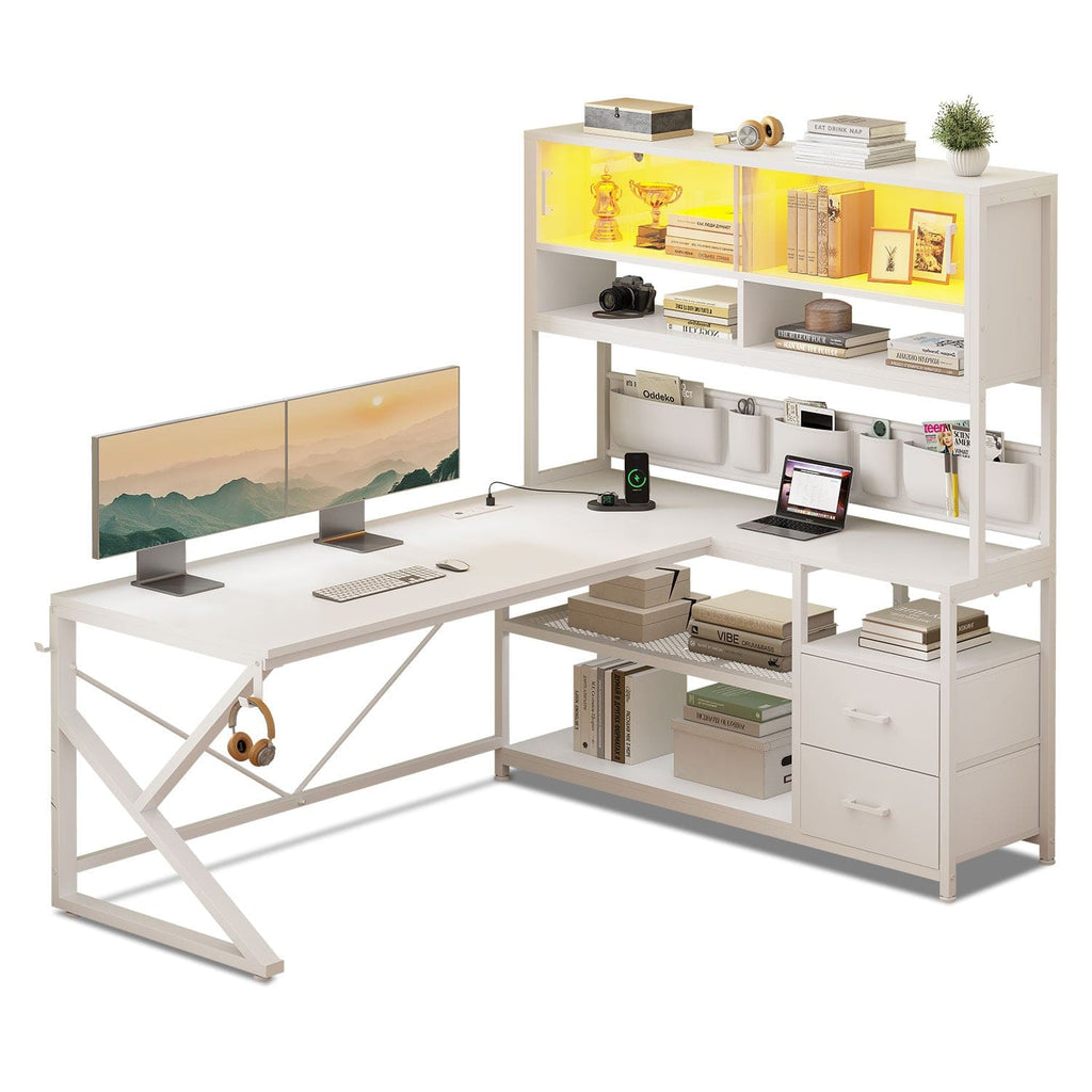 LED L Shaped Gaming Desk with Bookshelf 2 Drawers White