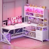 Sikaic Gaming Desk LED L Shaped Gaming Desk with 2 Drawer and Bookshelf White White / Engineered Wood / Modern