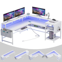 Sikaic Gaming Desk L Shaped Reversible Gaming Desk with Power Outlets LED Strip White