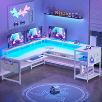 Sikaic Gaming Desk L Shaped Reversible Gaming Desk with Power Outlets LED Strip White