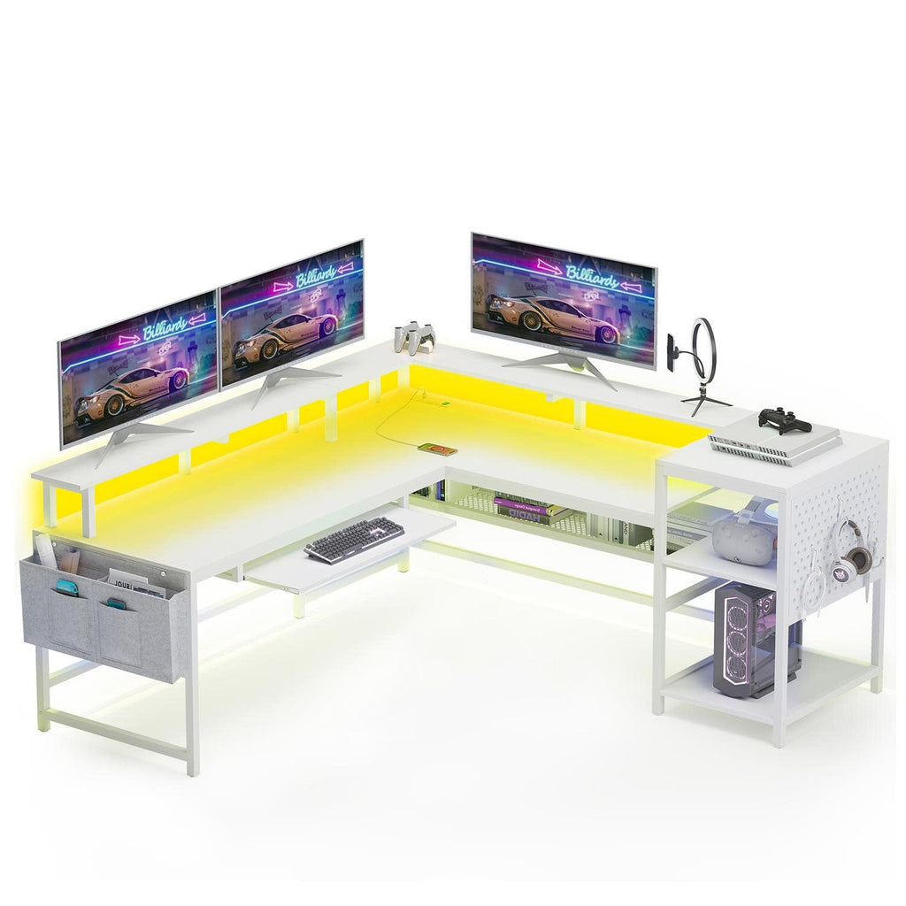 96" White L Shaped Reversible LED Gaming Desk | Sikaic