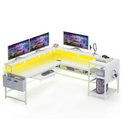 Sikaic Gaming Desk L Shaped Reversible LED Gaming Desk with Power Outlets White White / Industrial
