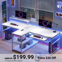 Sikaic Gaming Desk 94.5 Inches T Shaped 2 Person Modern LED Lights Gaming Desk with Storage White White / Metal / Modern