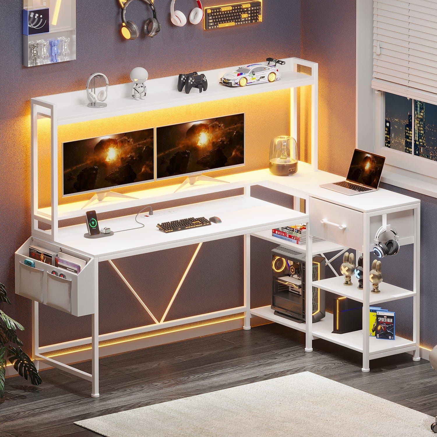 79 Gaming Desk, Computer Desk with 2 Fabric Drawers & LED Light