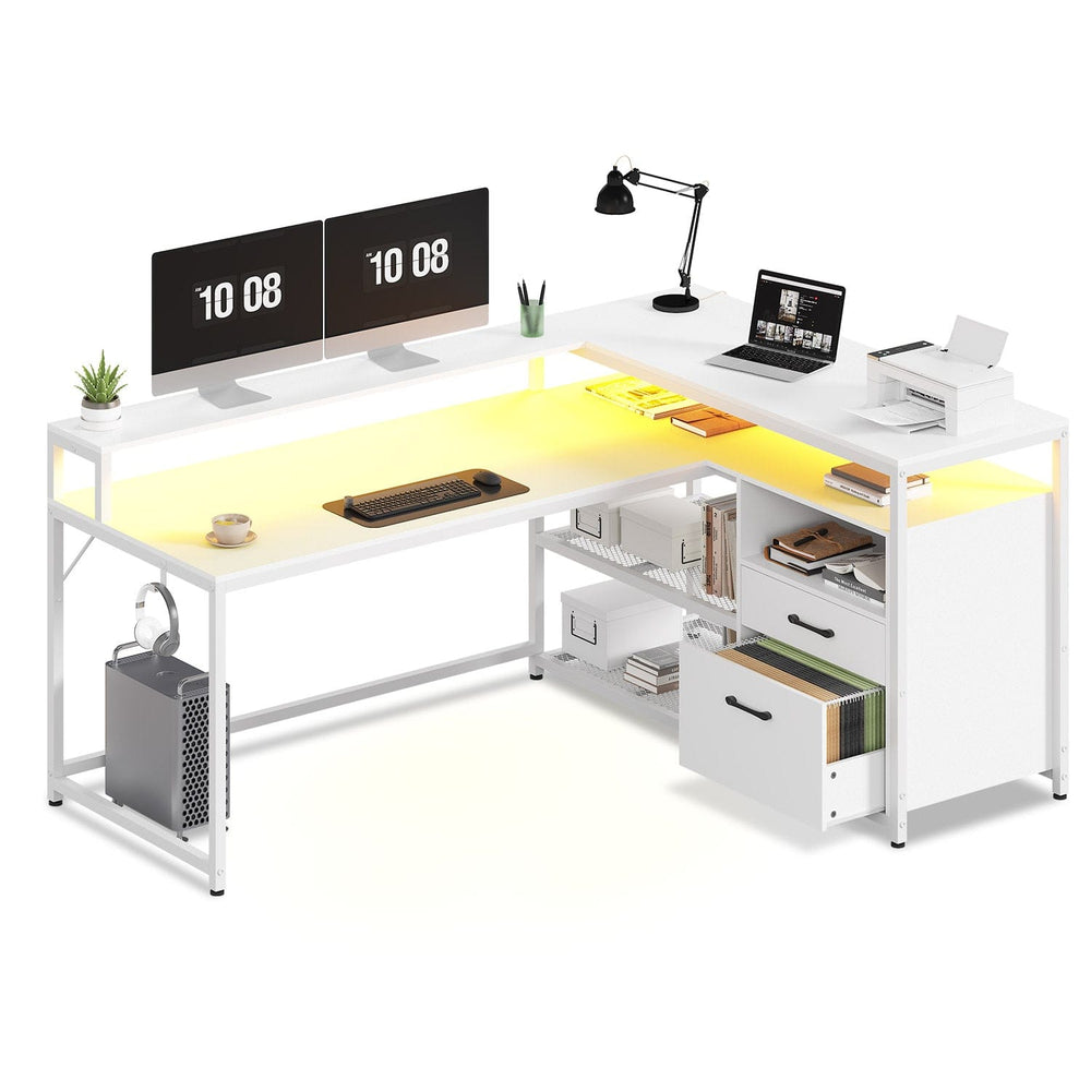 Sikaic Gaming Desk 55 Inches LED L Shaped Gaming Desk White White / Modern