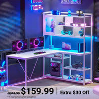 Sikaic Gaming Desk 58 Inches L Shape Corner Gaming Desk with LED Light Bookshelf White White / Modern