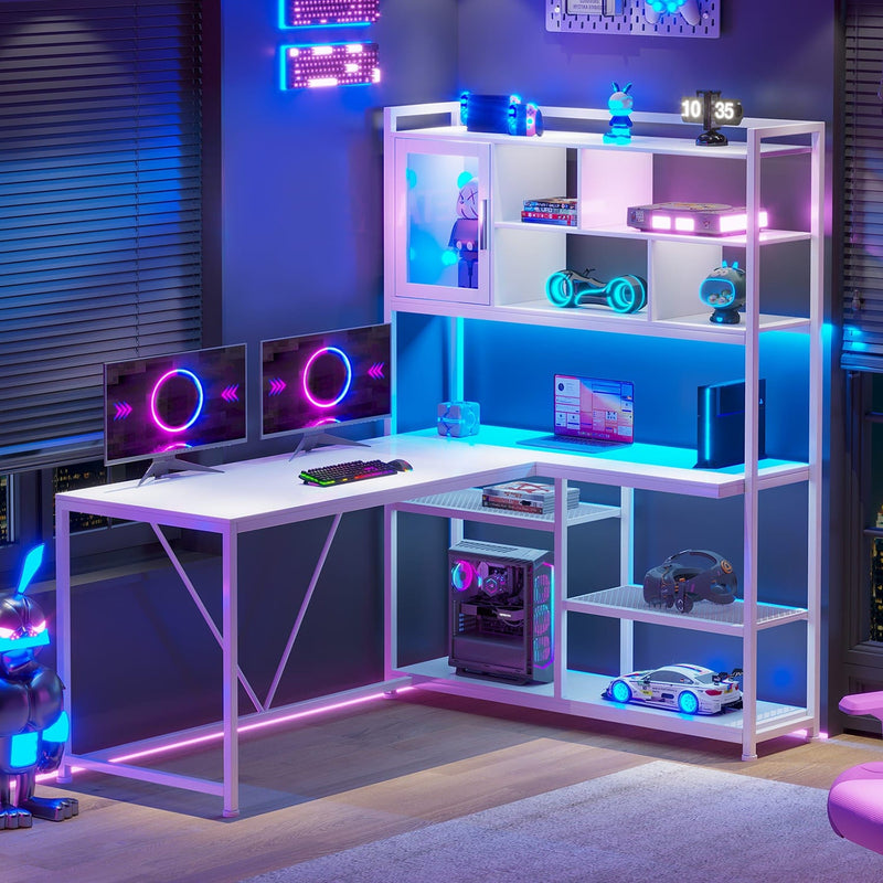 Sikaic Gaming Desk 58 Inches L Shape Corner Gaming Desk with LED Light Bookshelf White