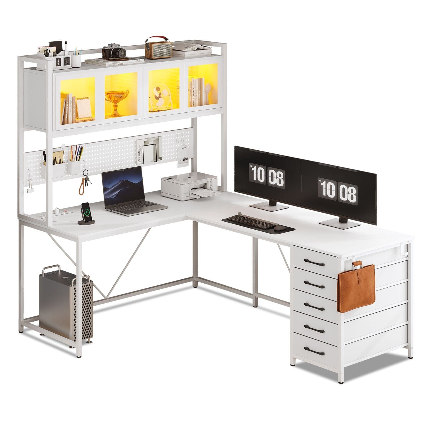 Reversible L-Shaped Corner Computer Desk With 5 Drawers & LED Lights - Black Modern Office Desk