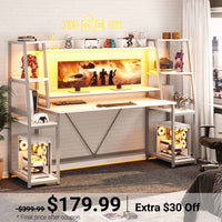 Sikaic Gaming Desk Sikaic 78.8 Inches Large PC Gamer Ergonomic Gaming Desk with LED Lights Hutch White White / Modern / Alloy Steel