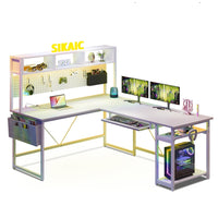 Sikaic Gaming Desk L Shaped Reversible Gaming Desk With LED Lights White White / Modern