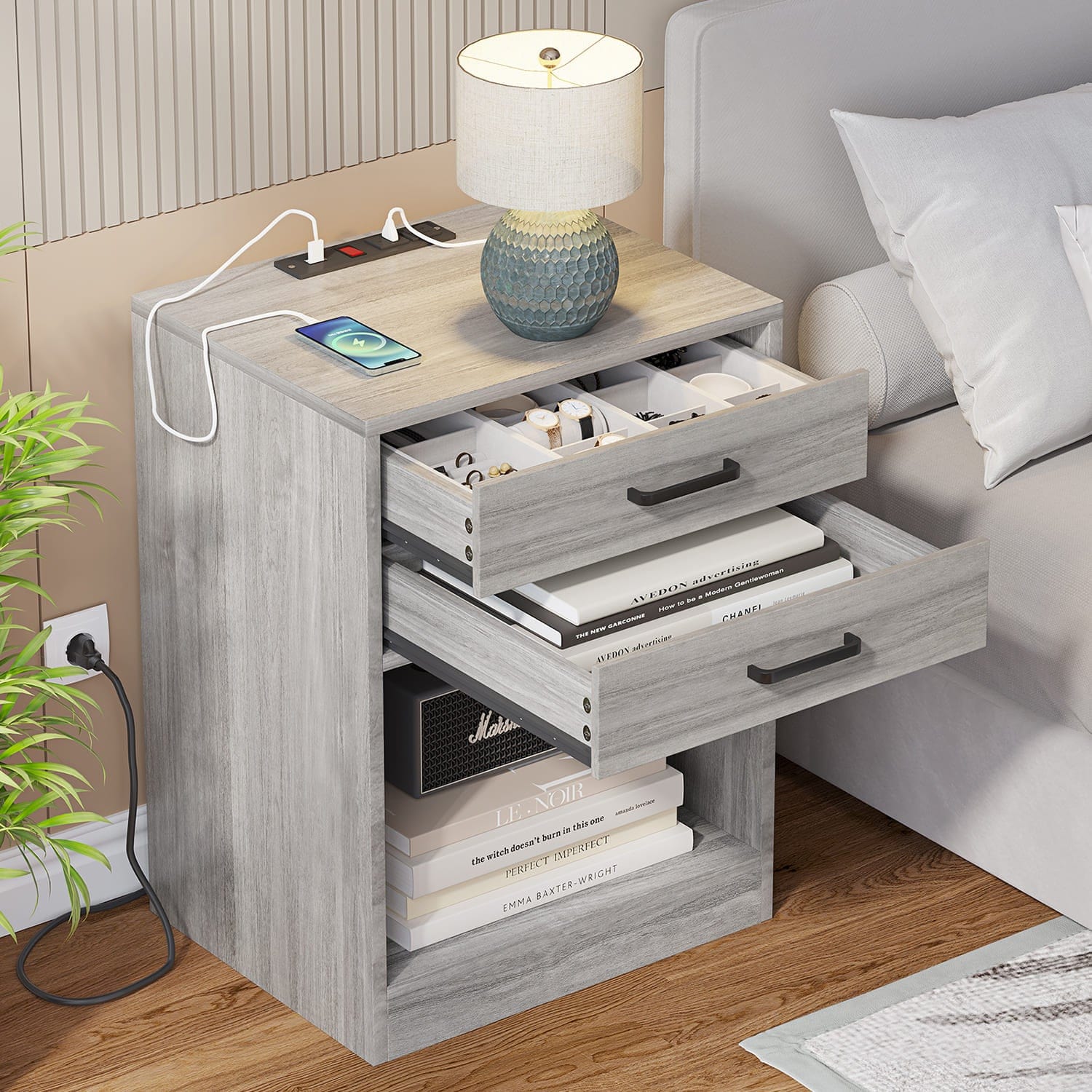 Sikaic 2Pcs Nightstand with Outlets Drawers Grey Sikaic 2Pcs Nightstand with Outlets Drawers Grey