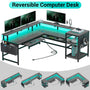 Sikaic 96" L Shaped Reversible LED Gaming Desk with Power Outlets LED Strip Monitor Shelf Keyboard Tray Pegboard and Storage Shelves Grey