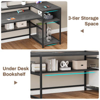 Sikaic 96" L Shaped Reversible LED Gaming Desk with Power Outlets LED Strip Monitor Shelf Keyboard Tray Pegboard and Storage Shelves Grey