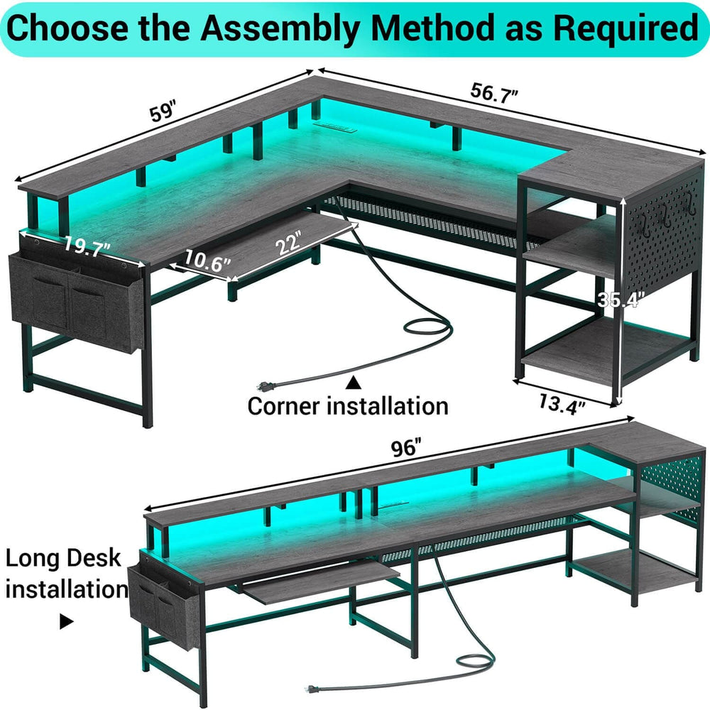 96 Inch Desk – L Shaped Grey Gaming Desk with LED | Sikaic