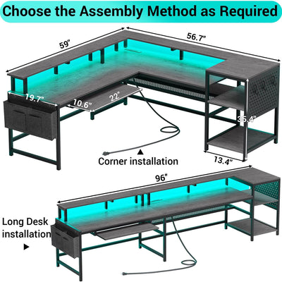 96 Inch Desk – L Shaped Grey Gaming Desk with LED | Sikaic