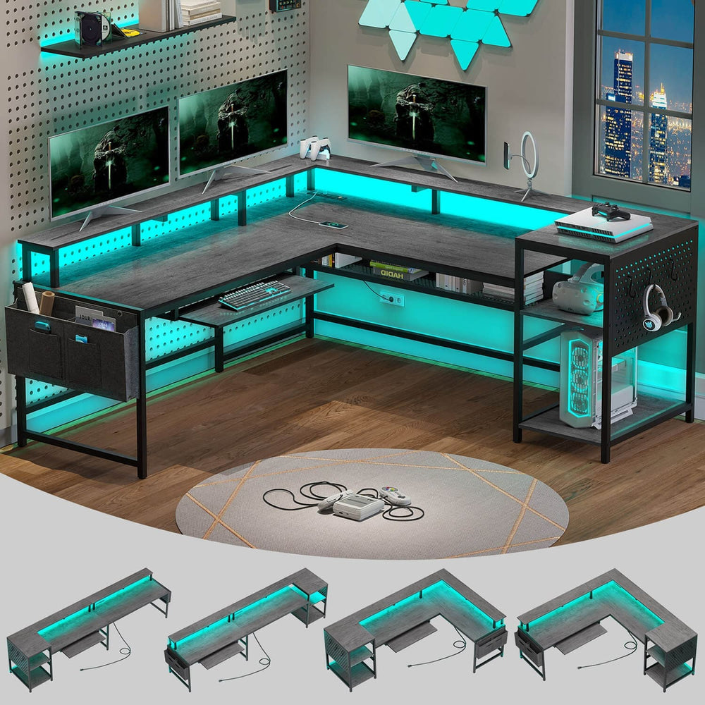 96 Inches L Shaped Reversible LED Gaming Desk with Power Outlets LED Strip Monitor Shelf Keyboard Tray Pegboard and Storage Shelves Grey