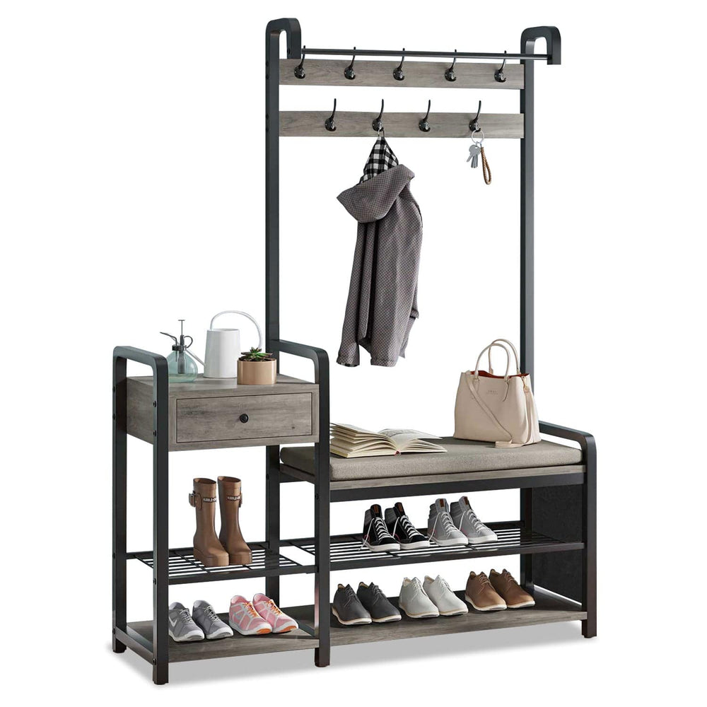 Sikaic Hall Tree Hall Tree Coat Rack Furniture with Storage Soft Cushion and Hanging Rod Entryway Bench Oak Grey Oak Grey / Engineered Wood / Modern