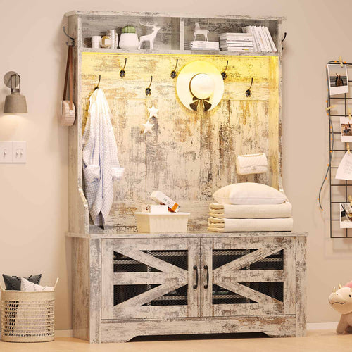 Sikaic Hall Tree 5-in-1 Hall Tree with Bench and Shoe Storage Vintage White