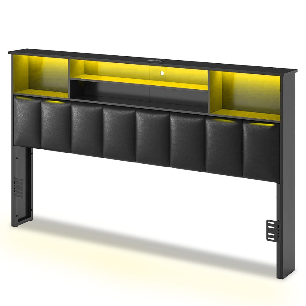 Sikaic Headboard LED Upholstered King Size Bookcase Headboard Black Black / Engineered Wood / Modern