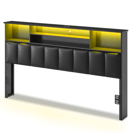 Sikaic Headboard LED Upholstered King Size Bookcase Headboard Black Black / Engineered Wood / Modern