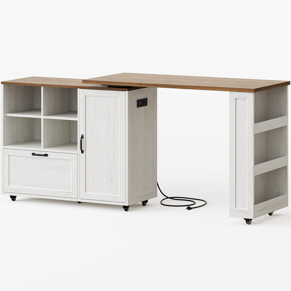 Sikaic Kitchen Island Cart 72" Rolling Kitchen Island with 360° Swivel Table & Power Outlet White White / Engineered Wood / Farmhouse
