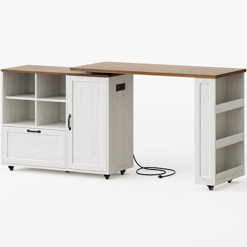 Sikaic Kitchen Island Cart 72" Rolling Kitchen Island with 360° Swivel Table & Power Outlet White White / Engineered Wood / Farmhouse