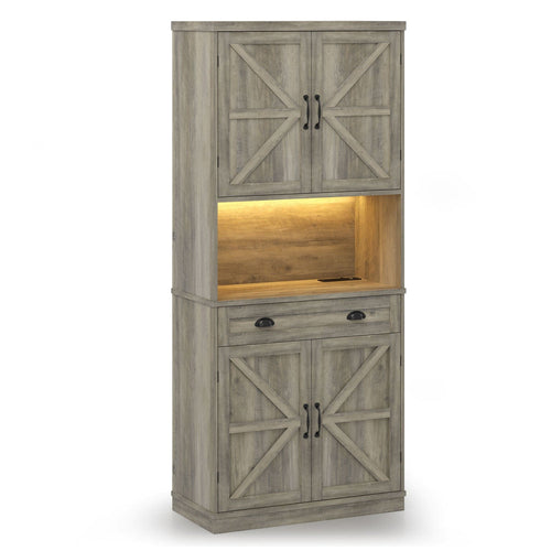 Sikaic Kitchen Pantry 72.6 Inches Kitchen Pantry Cabinet with LED Lights Grey Grey / Engineered Wood / Modern