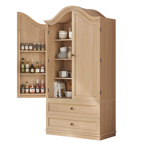 Sikaic Kitchen Pantry 70.9 inch Tall Kitchen Pantry Cabinet with Scalloped Arched Top Natural Natural / Engineered Wood / Farmhouse